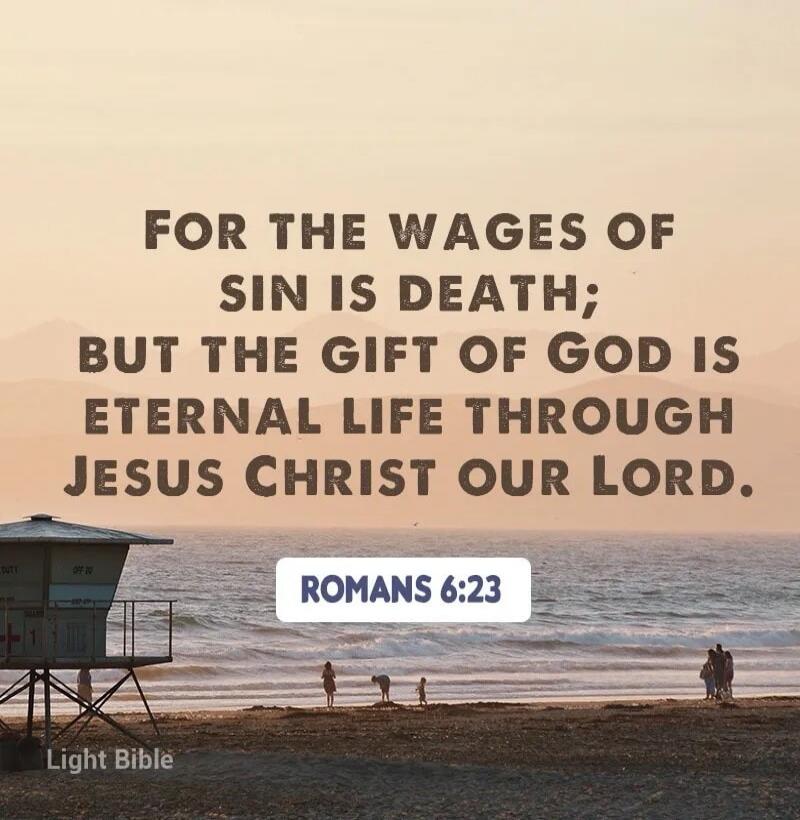 FOR THE WAGES OF SIN IS DEATH; BUT THE GIFT OF GOD IS ETERNAL LIFE THROUGH JESUS CHRIST OUR LORD. ROMANS 6:23 Light Bible