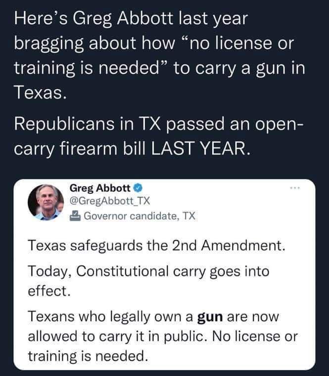 TR CTET WaN ol ofeludl E A VE g bragging about how no license or training is needed to carry a gun in Texas RCTol0 o oFTa N Ia M D Qo 1TTe Ta o ofTa B o 1A 0l o N WARS INY VAN 2 8 Greg Abbott GregAbbott TX Governor candidate TX Texas safeguards the 2nd Amendment Today Constitutional carry goes into effect Texans who legally own a gun are now allowed to carry it in public No license or training is 