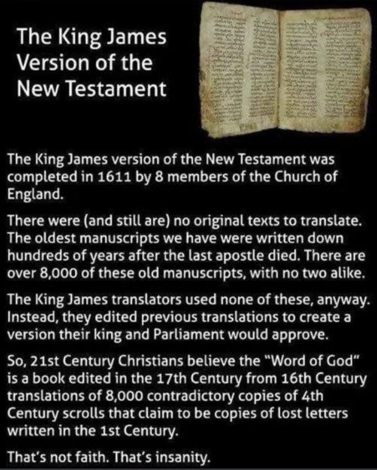 LIS GES TS Version of the NSRS The King James version of the New Testament was completed in 1611 by 8 members of the Church of England There were and still are no original texts to translate The oldest manuscripts we have were written down hundreds of years after the last apostle died There are over 8000 of these old manuscripts with no two alike The King James translators used none of these anywa