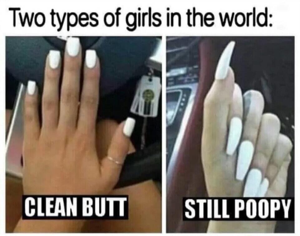 Two types of girls in the world:\nCLEAN BUTT\nSTILL POOPY