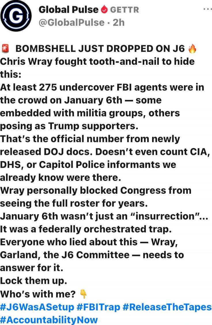 🔴 BOMBSHELL JUST DROPPED ON J6 🔥 Chris Wray fought tooth-and-nail to hide this: At least 275 undercover FBI agents were in the crowd on January 6th — some embedded with militia groups, others posing as Trump supporters. That’s the official number from newly released DOJ docs. Doesn’t even count CIA, DHS, or Capitol Police informants we already know