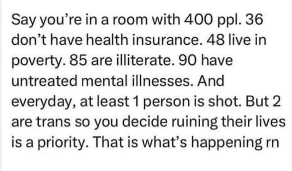Say youre in a room with 400 ppl 36 dont have health insurance 48 live in poverty 85 are illiterate 90 have untreated mental illnesses And everyday at least 1 person is shot But 2 are trans so you decide ruining their lives is a priority That is whats happening rn