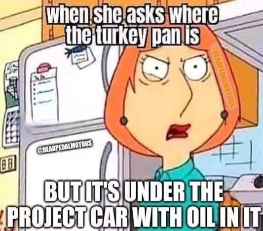 when she asks where the turkey pan is BUT IT'S UNDER THE PROJECT CAR WITH OIL IN IT