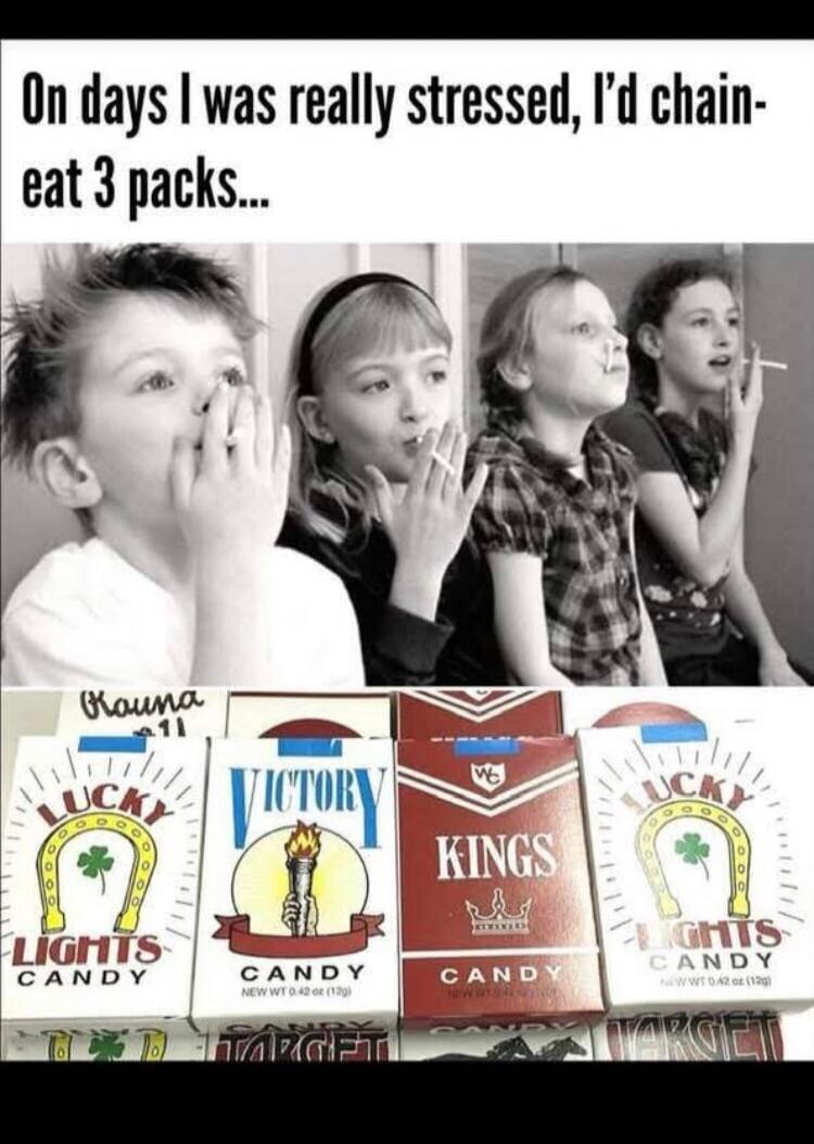 On days I was really stressed, I'd chain-eat 3 packs... The image shows four children in black and white, appearing to smoke cigarettes. Below them are various brands of candy cigarettes, including 'Lucky Lights Candy', 'Victory Candy', and 'Kings Candy'.