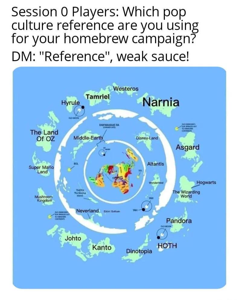 Session 0 Players Which pop culture reference are you usin for your homebrew campaign DM Reference weak sauce Westoros Tamriel 2 Narnia The Land i S 8ror fMrasecan Y Asgard Supe gt e T o b Pandora Johto Kanto OTH