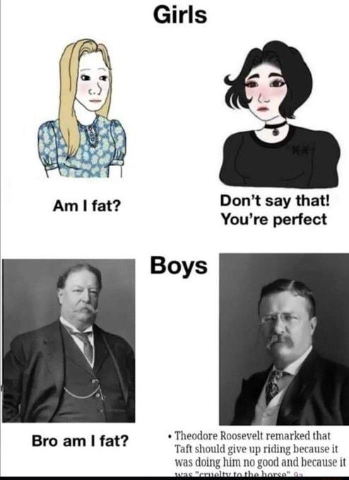 Girls Dont say that Youre perfect Theodore Roosevelt remarked that Taft should give up riding because it was doing him no good and because it Bro am fat