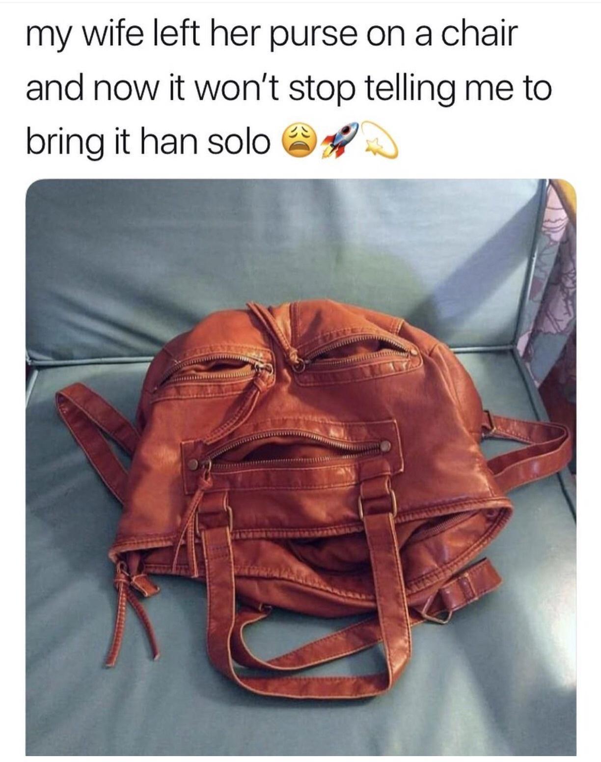 my wife left her purse on a chair and now it wont stop telling me to bring it han solo 4