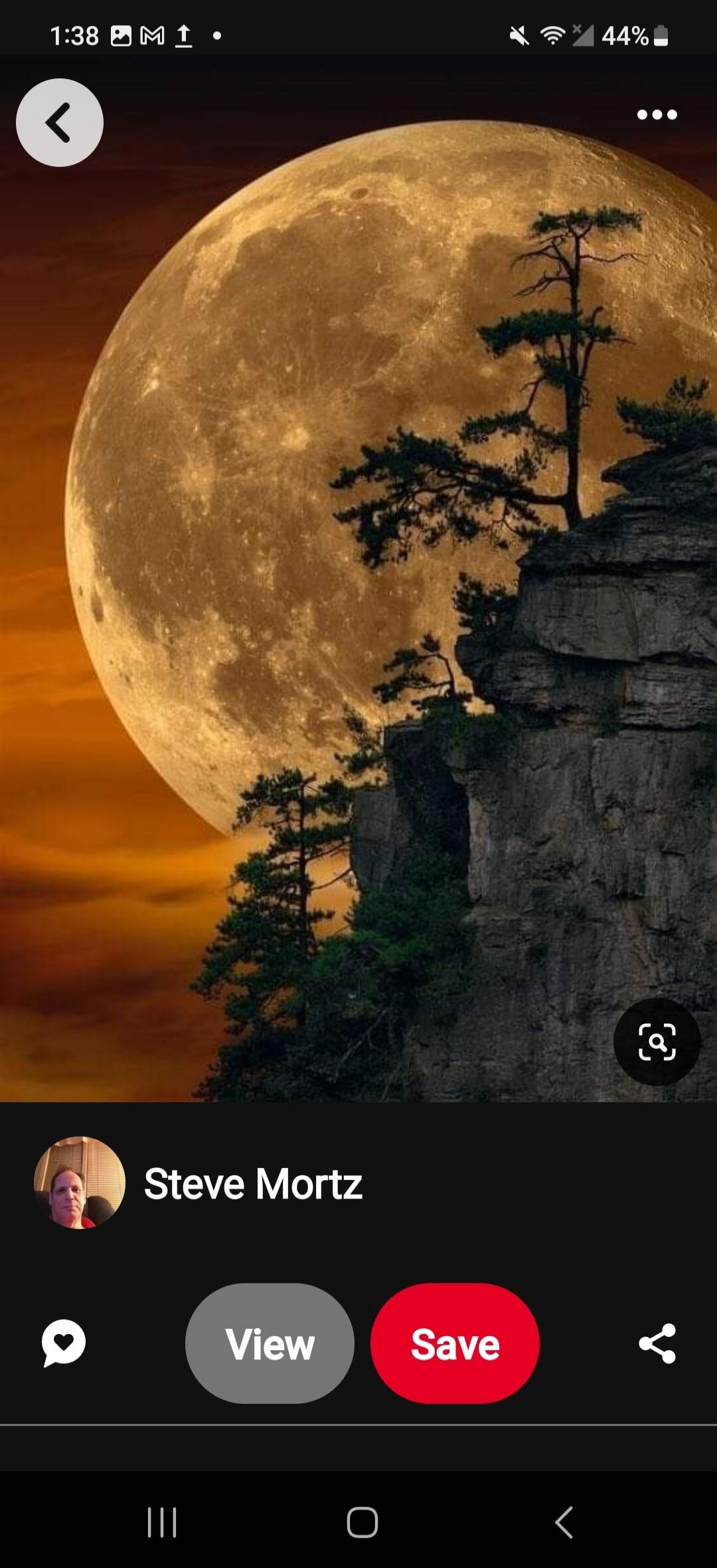 A large golden full moon behind a dramatic cliff face with pine trees. The sky has an orange hue. Steve Mortz.