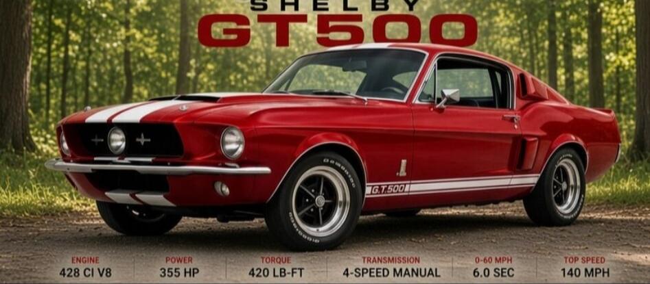 SHELBY GT500 G.T.500 ENGINE 428 CI V8 POWER 355 HP TORQUE 420 LB-FT TRANSMISSION 4-SPEED MANUAL 0-60 MPH 6.0 SEC TOP SPEED 140 MPH