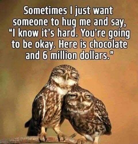 Sometimes I just want someone to hug me and say, “I know it’s hard. You’re going to be okay. Here is chocolate and 6 million dollars.”