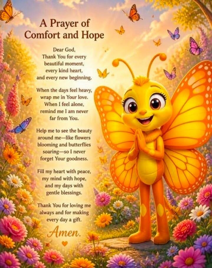 A Prayer of Comfort and Hope Dear God, Thank You for every beautiful moment, every kind heart, and every new beginning. When the days feel heavy, wrap me in Your love. When I feel alone, remind me I am never far from You. Help me to see the beauty around me—like flowers blooming and butterflies soaring—so I never forget Your goodness. Fill my heart