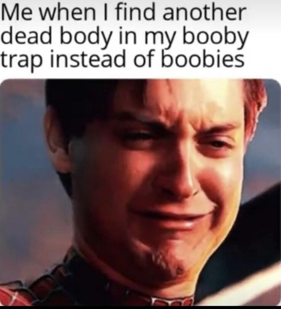 Me when I find another dead body in my booby trap instead of boobies
