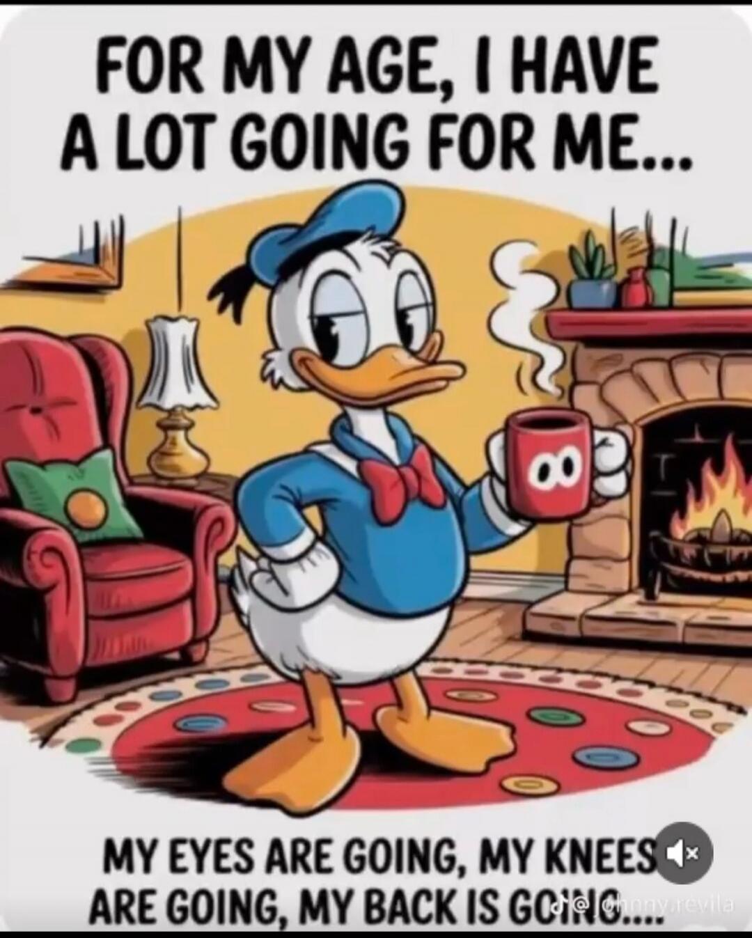FOR MY AGE, I HAVE A LOT GOING FOR ME... MY EYES ARE GOING, MY KNEES ARE GOING, MY BACK IS GOING....