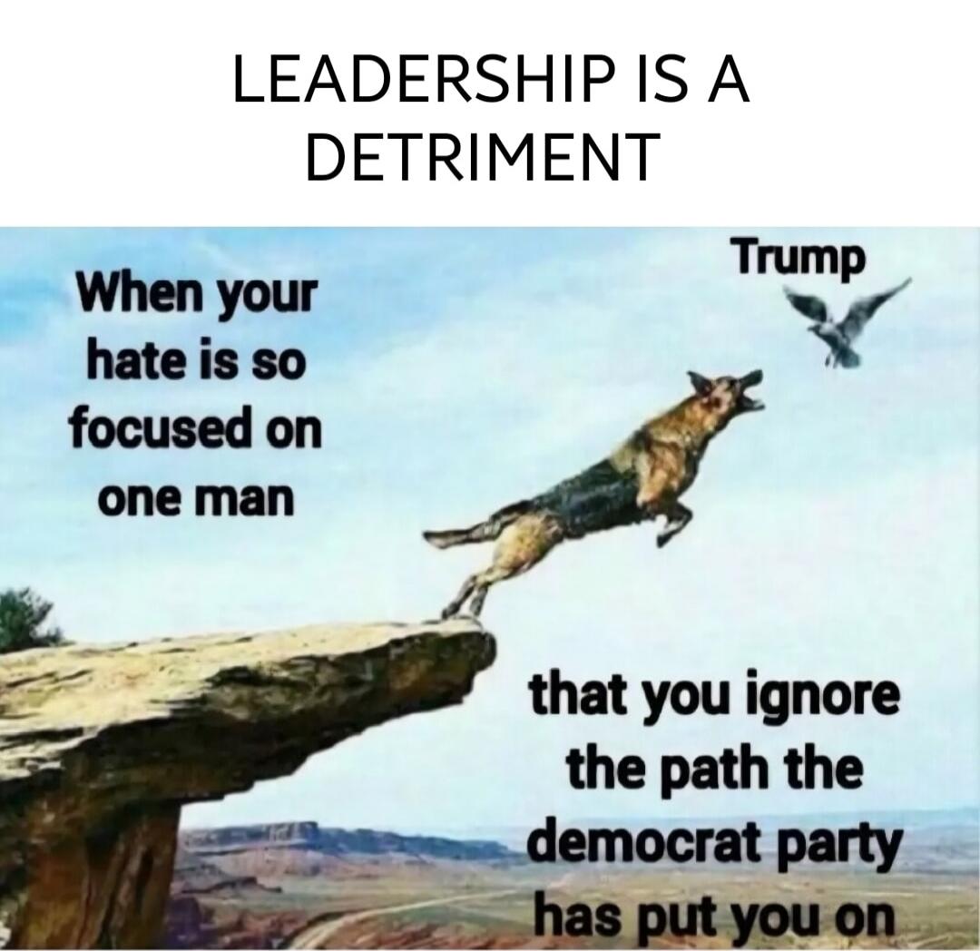 LEADERSHIP IS A DETRIMENT. When your hate is so focused on one man, Trump, that you ignore the path the democrat party has put you on.