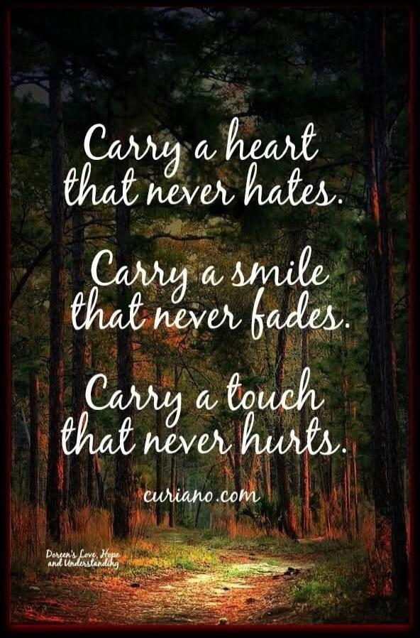 Carry a heart that never hates. Carry a smile that never fades. Carry a touch that never hurts. curiano.com Doreen's Love, Hope and Understanding