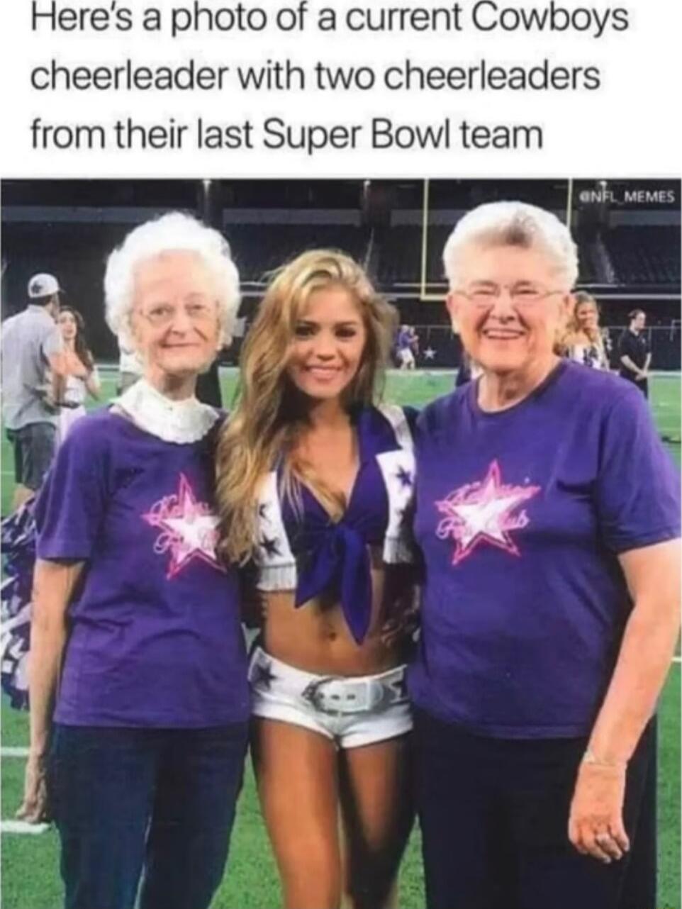 leres a photo of a current Cowboys cheerleader with two cheerleaders from their last Super Bowl team