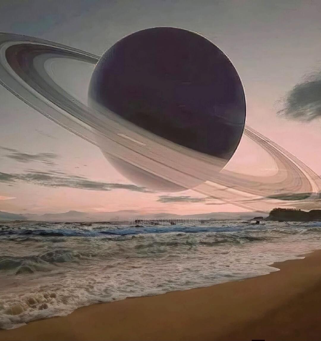 Surreal image of a large ringed planet looming over a beach, with waves and sunset.