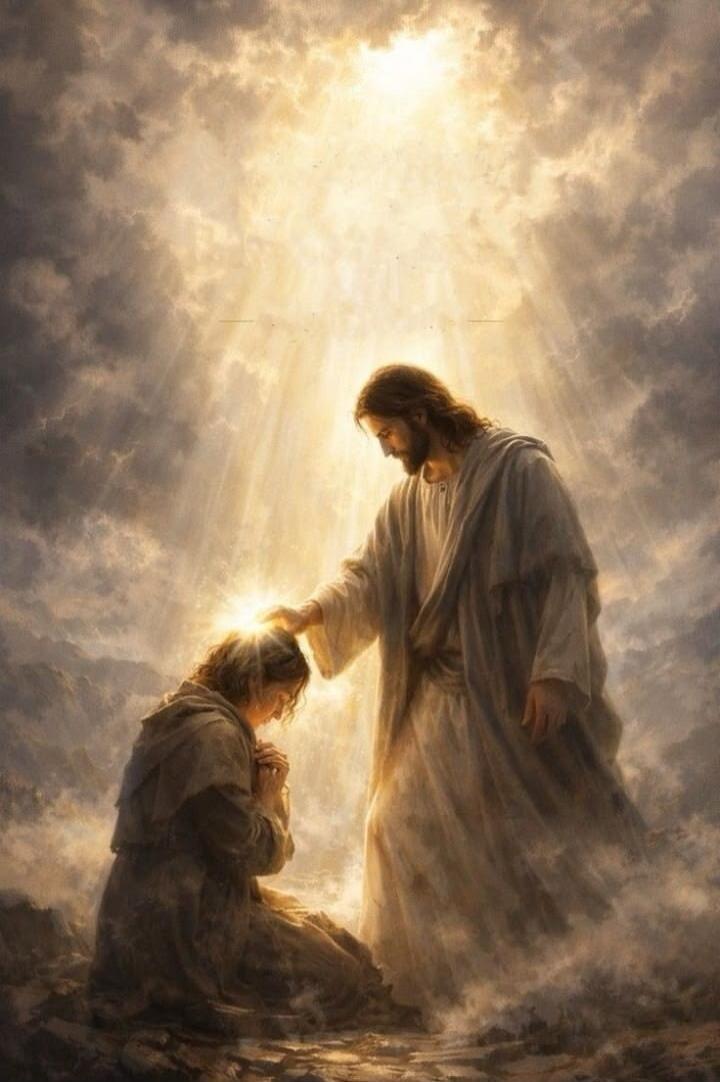 A luminous figure resembling Jesus blesses a kneeling person in a heavenly, sunlit scene.