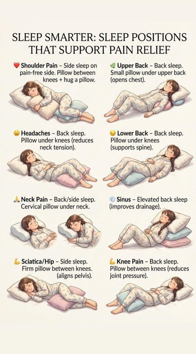 SLEEP SMARTER: SLEEP POSITIONS THAT SUPPORT PAIN RELIEF. Shoulder Pain - Side sleep on pain-free side. Pillow between knees + hug a pillow. Upper Back - Back sleep. Small pillow under upper back (opens chest). Headaches - Back sleep. Pillow under knees (reduces neck tension). Lower Back - Back sleep. Pillow under knees (supports spine). Neck Pain -