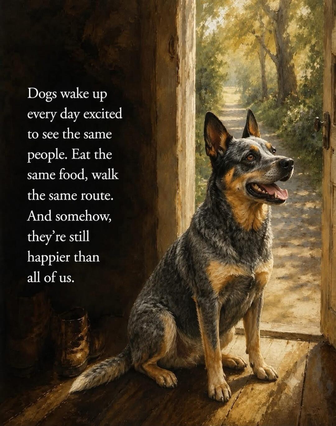 Dogs wake up every day excited to see the same people. Eat the same food, walk the same route. And somehow, they're still happier than all of us.