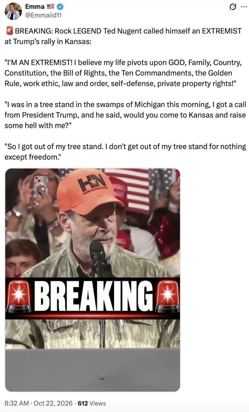 BREAKING: Rock LEGEND Ted Nugent called himself an EXTREMIST at Trump's rally in Kansas: 