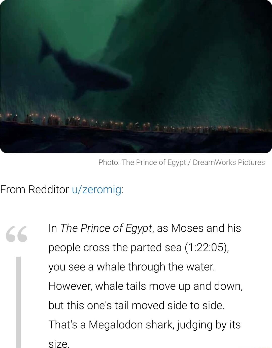 From Redditor uzeromig In The Prince of Egypt as Moses and his people cross the parted sea 12205 you see a whale through the water However whale tails move up and down but this ones tail moved side to side Thats a Megalodon shark judging by its size