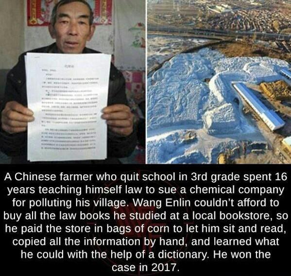 A Chinese farmer who quit school in 3rd grade spent 16 years teaching himself law to sue a chemical company for polluting his village Wang Enlin couldnt afford to buy all the law books he studied at a local bookstore so he paid the store in bags of corn to let him sit and read EEL RGN GG EG LR EU T REU R EETG L R E he could with the help of a dictionary He won the case in 2017