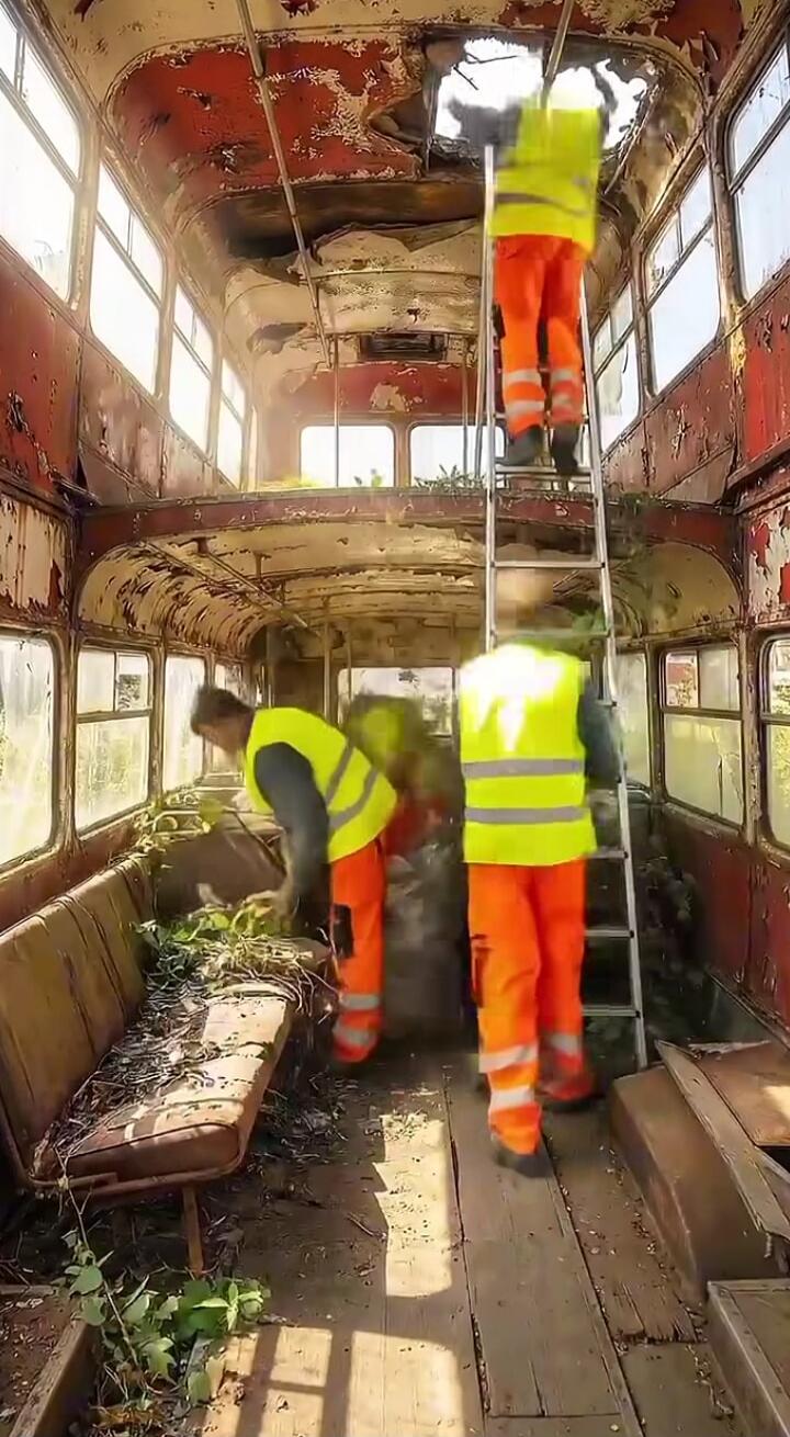 Workers in safety vests cleaning and inspecting the interior of an old, dilapidated bus; a person on a ladder reaching the ceiling, with vines and debris throughout the cabin.