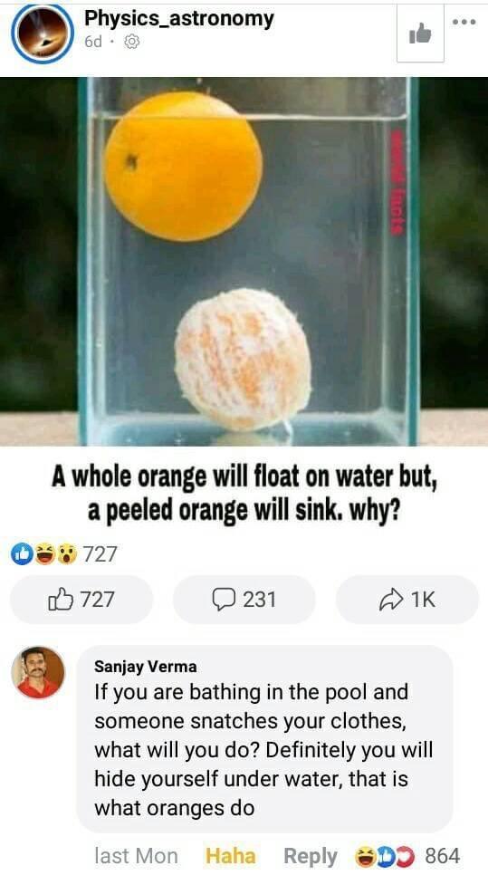Physics_astronomy 6d e A whole orange will float on water but a peeled orange will sink why Q 727 oy 727 231 21K Q Sanjay Verma X If you are bathing in the pool and someone snatches your clothes what will you do Definitely you will hide yourself under water that is what oranges do last Mon Reply DQ 864