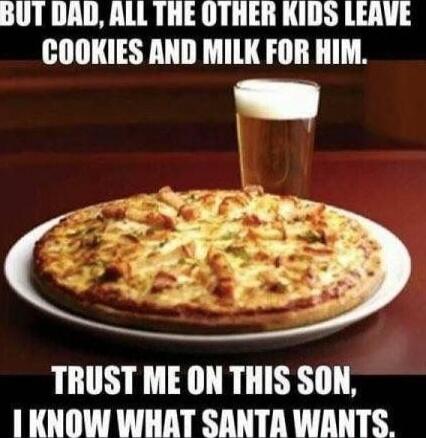 BUT DAD, ALL THE OTHER KIDS LEAVE COOKIES AND MILK FOR HIM. TRUST ME ON THIS SON, I KNOW WHAT SANTA WANTS.