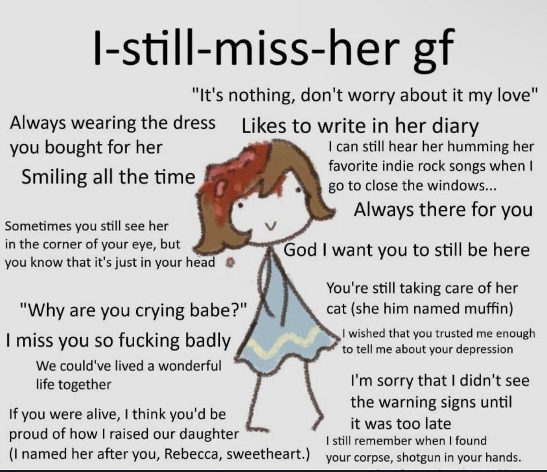I still miss her gf Its nothing dont worry about it my love Always wearing the dress Likes to write in her diary you bought for her I can still hear her humming her 3 favorite indie rock songs when Smiling all the time avrite indie rock songs when God want you to still be here 0 10 close the windows Always there for you Sometimes you st see her st v o v wy b You know that s just nyour head 9 Youre