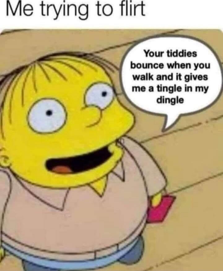 Me trying to flirt
Your tiddies bounce when you walk and it gives me a tingle in my dingle