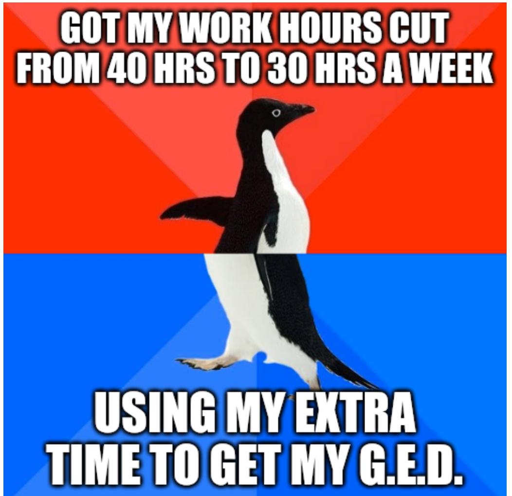 GOT MY WORK HOURS CUT FROM 40 HRS TO 30 HRS A WEEK O USING MY EXTRA TIMETOGET MY GED