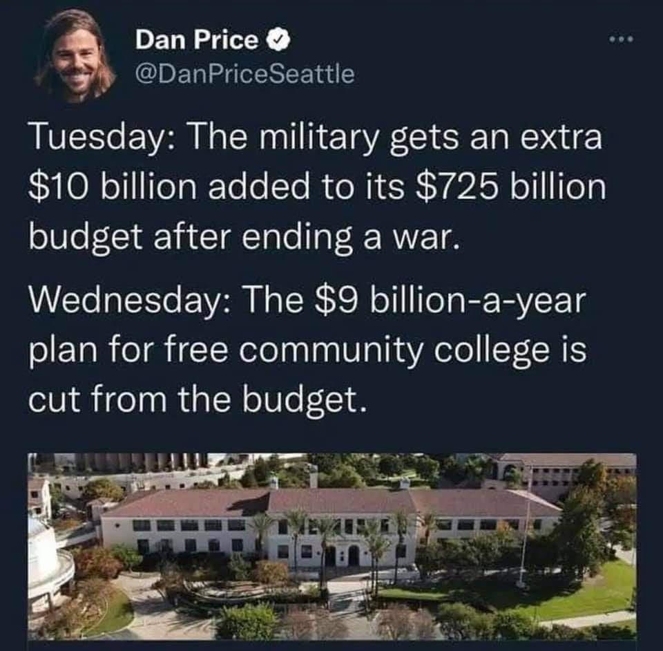 Dan Price DanPriceSeattle Tuesday The military gets an extra 10 billion added to its 725 billion budget after ending a war Wednesday The 9 billion a year oIETaR o igINeleaalaalVal kYA elo YIRIS cut from the budget