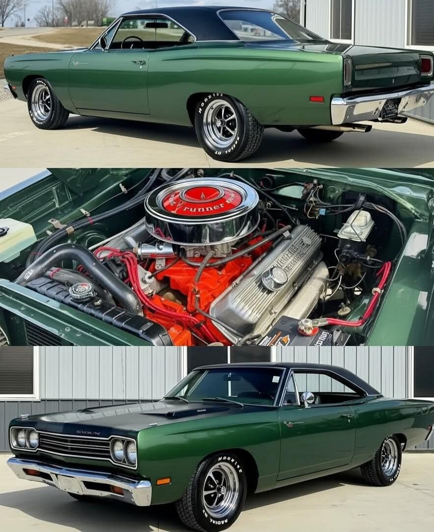 Green 1960s muscle car with black vinyl top. Close-up shows a bright orange V8 engine with chrome air cleaner marked 'Brunner' and red hoses. Classic green body with chrome bumper and raised white-letter tires. Exterior shots show the rear quarter panel and front end with dual headlights and a chrome grille.