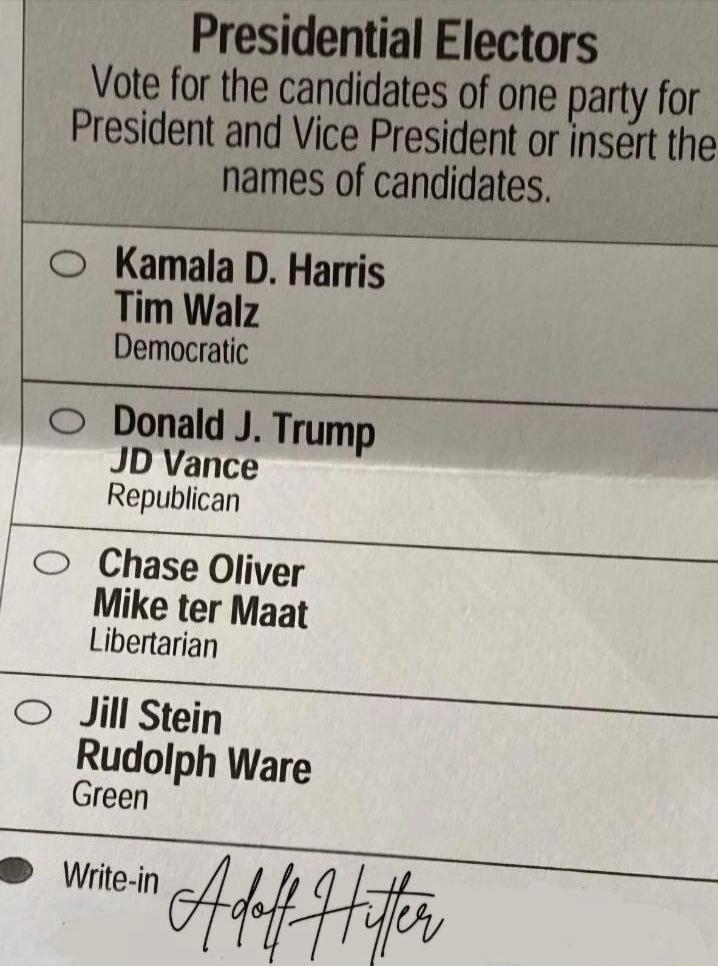 Presidential Electors
Vote for the candidates of one party for President and Vice President or insert the names of candidates.
○ Kamala D. Harris
  Tim Walz
  Democratic
○ Donald J. Trump
  JD Vance
  Republican
○ Chase Oliver
  Mike ter Maat
  Libertarian
○ Jill Stein
  Rudolph Ware
  Green
○ Write-in Adolf Hitler
