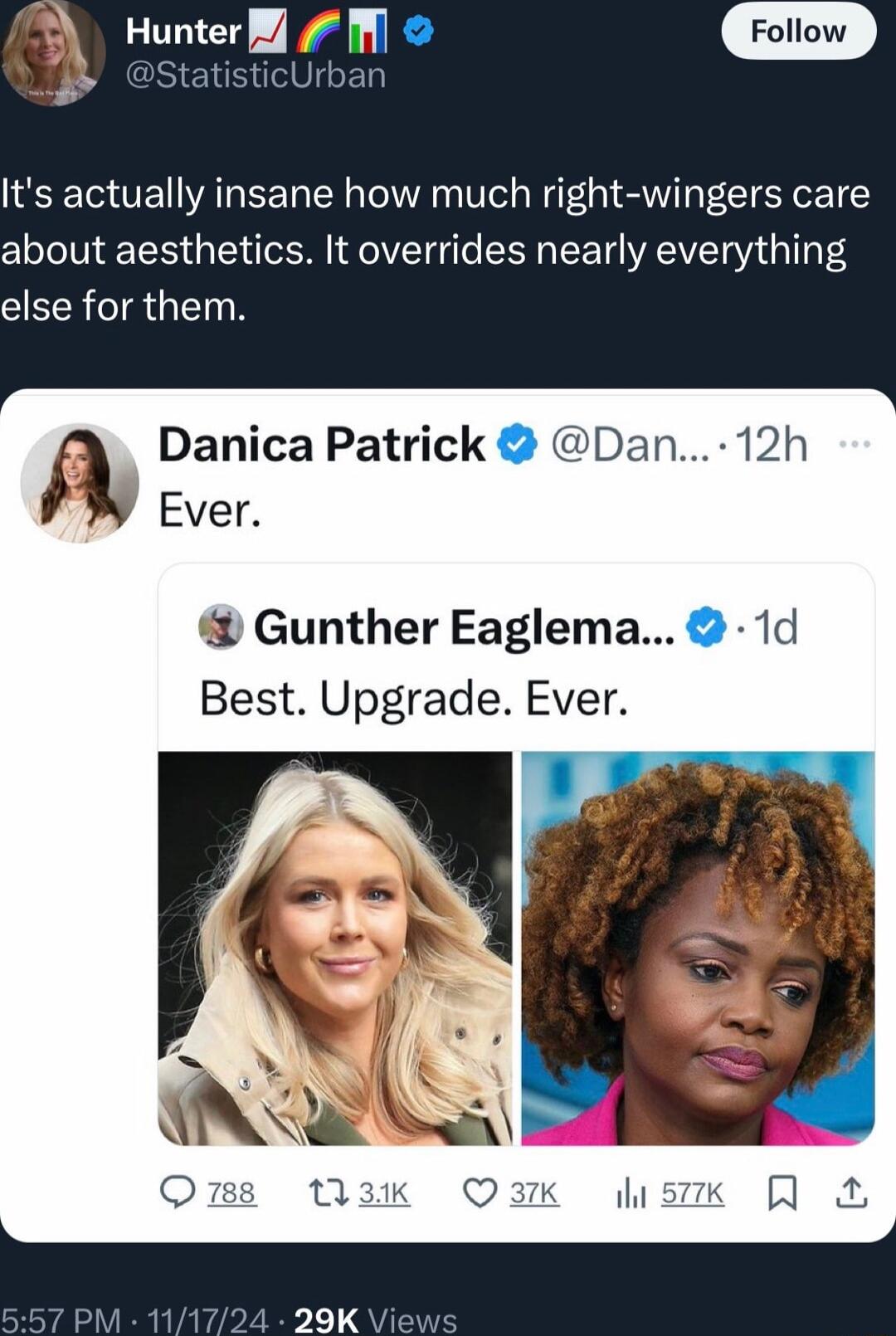 N Hunter S Its actually insane how much right wingers care about aesthetics It overrides nearly everything else for them Danica Patrick Dan 12h Ever Gunther Eaglema 1d Best Upgrade Ever