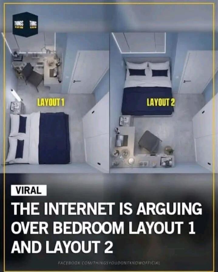 VIRAL THE INTERNET IS ARGUING OVER BEDROOM LAYOUT 1 AND LAYOUT 2
LAYOUT 1
LAYOUT 2