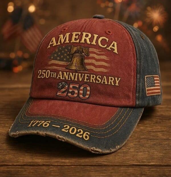 AMERICA 250TH ANNIVERSARY 250 1776 - 2026. A cap with an American flag and the Liberty Bell.