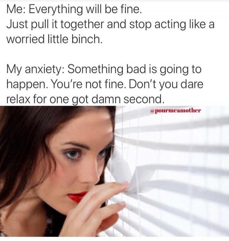 Me: Everything will be fine. Just pull it together and stop acting like a worried little binch. My anxiety: Something bad is going to happen. You're not fine. Don't you dare relax for one got damn second. @pourmeamother