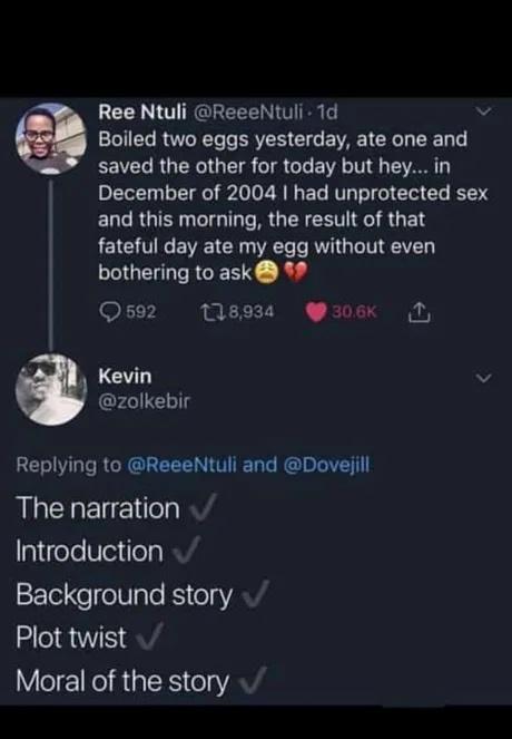 Ree Ntuli ReeeNtuli 1d v Boiled two eggs yesterday ate one and EEVEL RGNS TR GL IV I December of 2004 had unprotected sex and this morning the result of that TGN EVEICE ES TRV V bothering to ask 9 Q592 118938 aoex 1 LC0 v zolkebir Replying to ReeeNtuli and Dovejill BLEHENEel Introduction Background story Plot twist Moral of the story