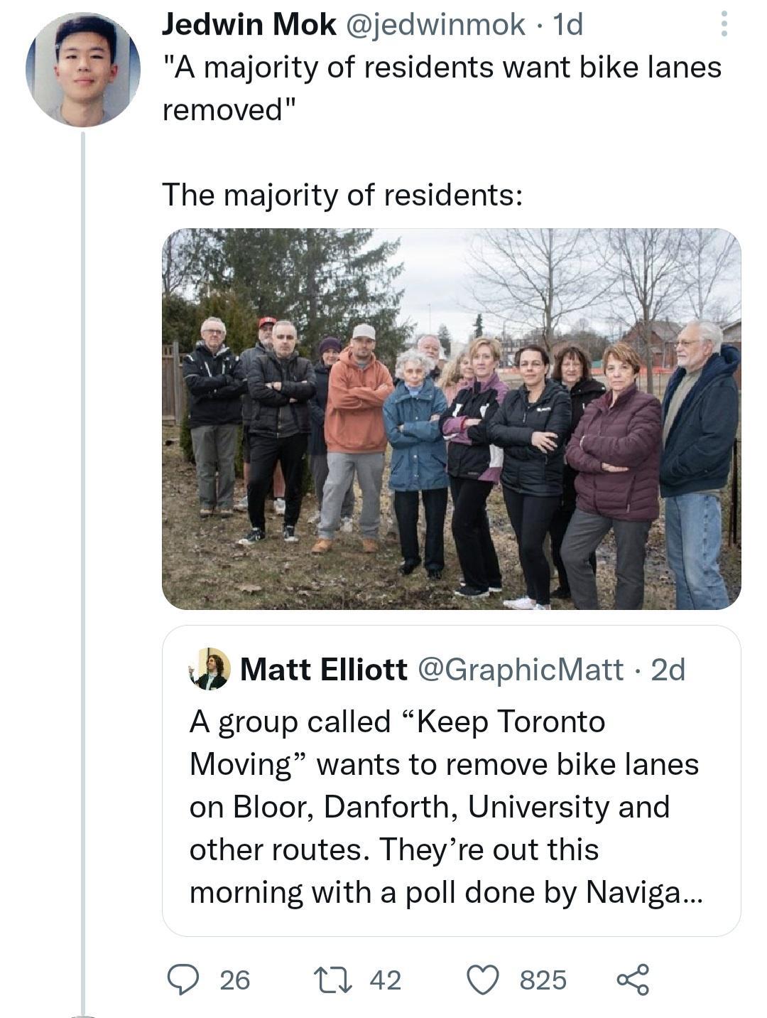 Jedwin Mok jedwinmok 1d A majority of residents want bike lanes removed The majority of residents J Matt Elliott GraphicMatt 2d A group called Keep Toronto Moving wants to remove bike lanes on Bloor Danforth University and other routes Theyre out this morning with a poll done by Naviga O 2 1 42 Q 825