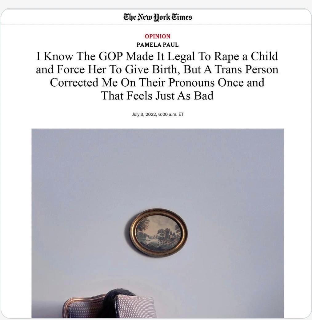 EheiNew YorkEimes ommion PAMELA PAUL I Know The GOP Made It Legal To Rape a Child and Force Her To Give Birth But A Trans Person Corrected Me On Their Pronouns Once and That Feels Just As Bad