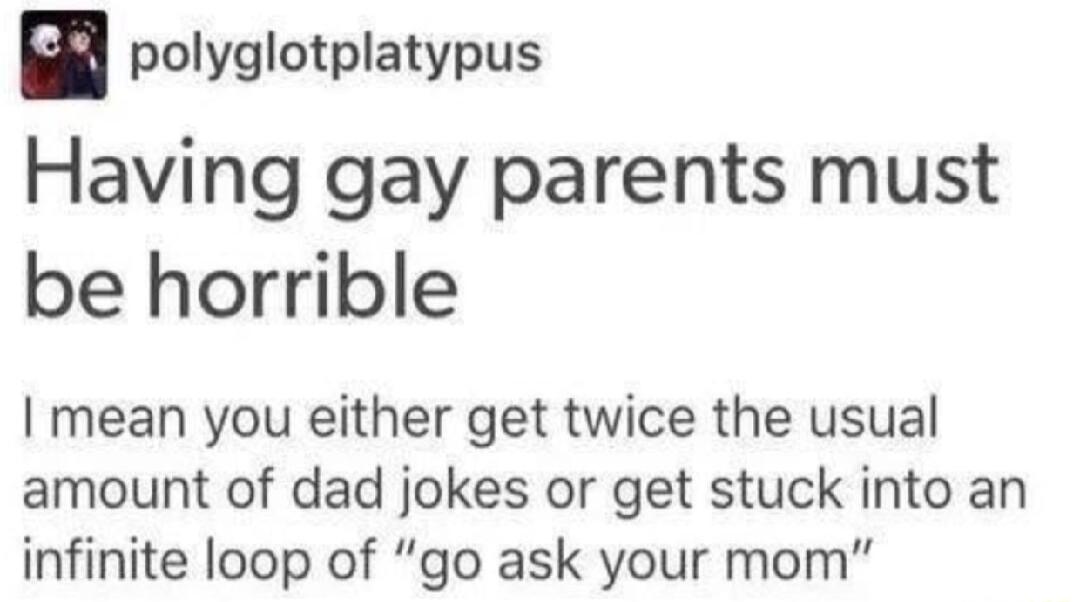 u polyglotplatypus Having gay parents must be horrible mean you either get twice the usual amount of dad jokes or get stuck into an infinite loop of go ask your mom