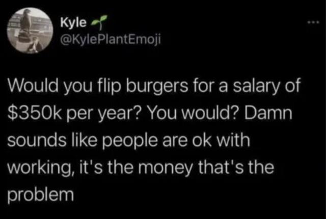 Kyle LIS ERT Would you flip burgers for a salary of 350k per year You would Damn sounds like people are ok with working its the money thats the olgelollThy