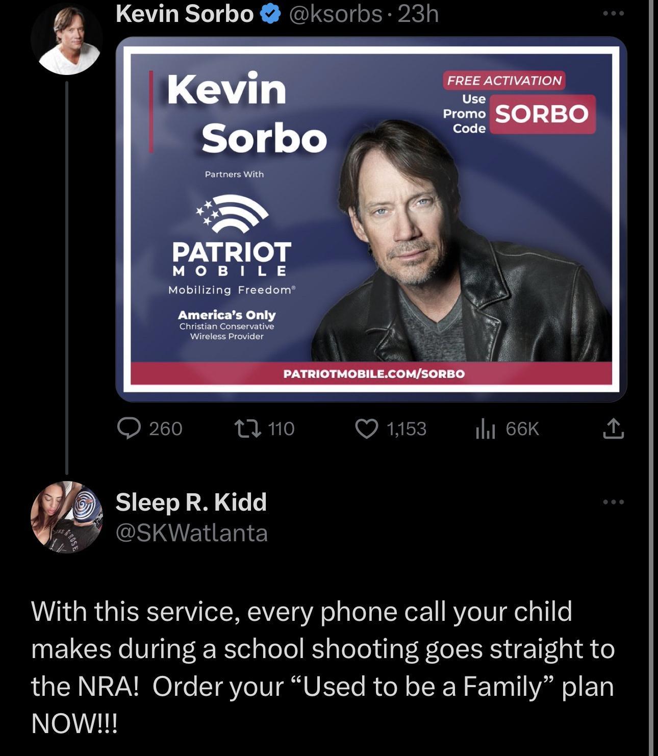 PATRIOT MOBILE onty ey With this service every phone call your child makes during a school shooting goes straight to the NRA Order your Used to be a Family plan Now