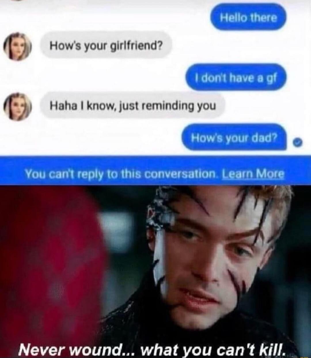 Hello there How's your girlfriend? I don't have a gf Haha I know, just reminding you How's your dad? You can't reply to this conversation. Learn More Never wound... what you can't kill.