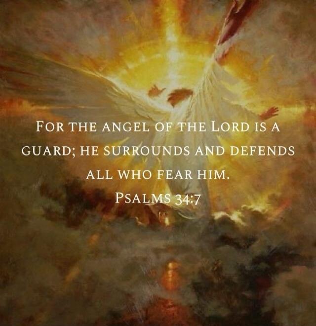 FOR THE ANGEL OF THE LORD IS A GUARD; HE SURROUNDS AND DEFENDS ALL WHO FEAR HIM. PSALMS 34:7