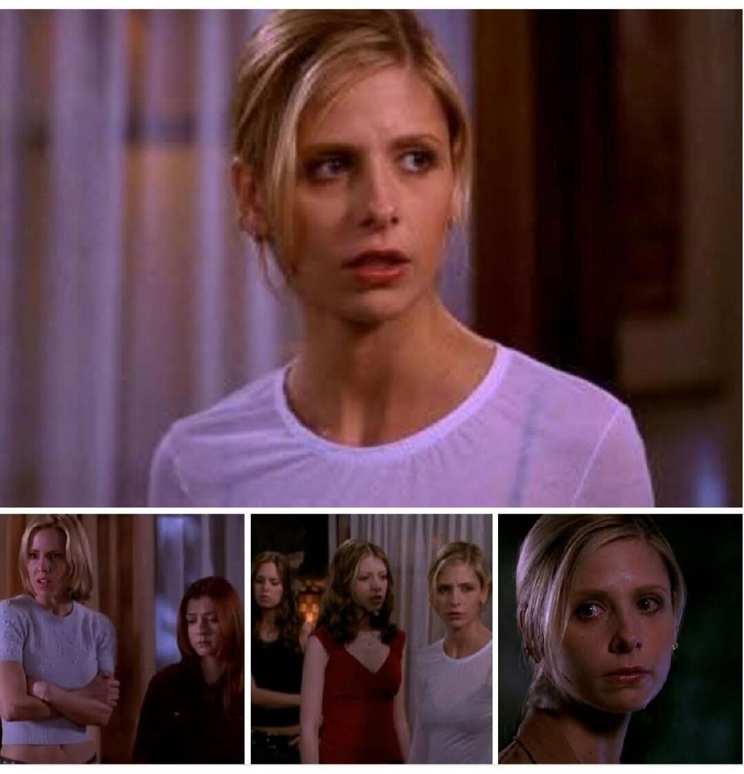 A collage of scenes from the TV show Buffy the Vampire Slayer, featuring Sarah Michelle Gellar as Buffy Summers, Charisma Carpenter as Cordelia Chase, Alyson Hannigan as Willow Rosenberg, and Michelle Trachtenberg as Dawn Summers. The characters display various expressions, mostly serious or concerned.