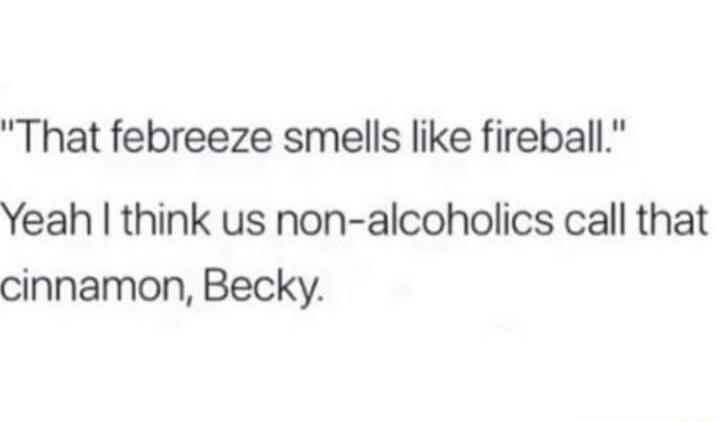 That febreeze smells like fireball Yeah think us non alcoholics call that cinnamon Becky